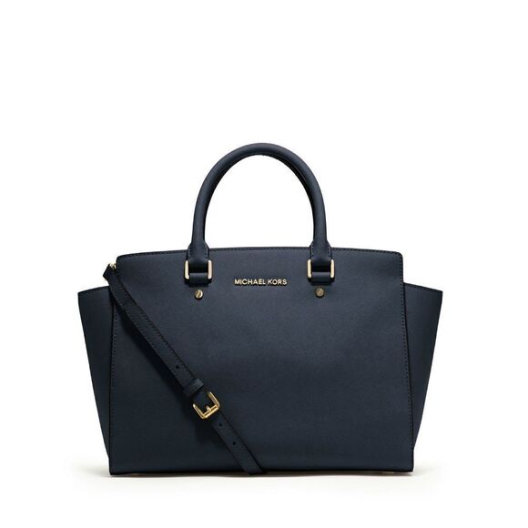 New! MICHAEL KORS Selma Leather Handbag Satchel Bag With Long Straps Navy Blue - Picture 2 of 7